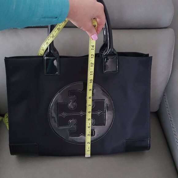 Tory Burch Large Ella Tote Bag Black Patent Leather Nylon - Picture 8 of 12